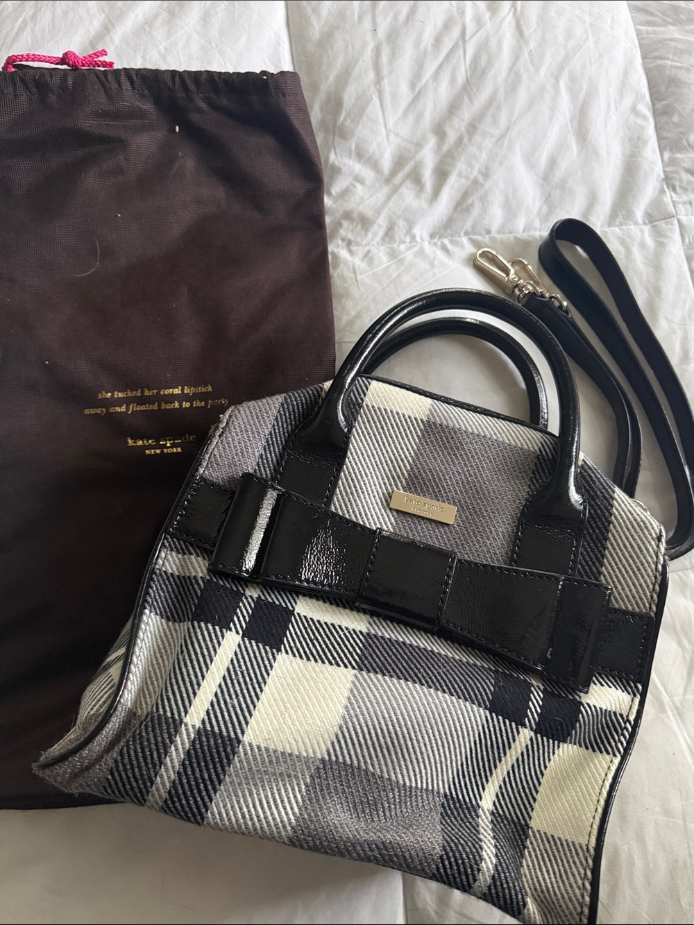Kate Spade Black, Gray & Cream Plaid Patent Trim Satchel